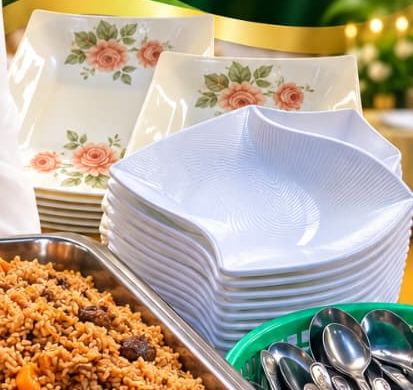 Floral serving plates and cutlery